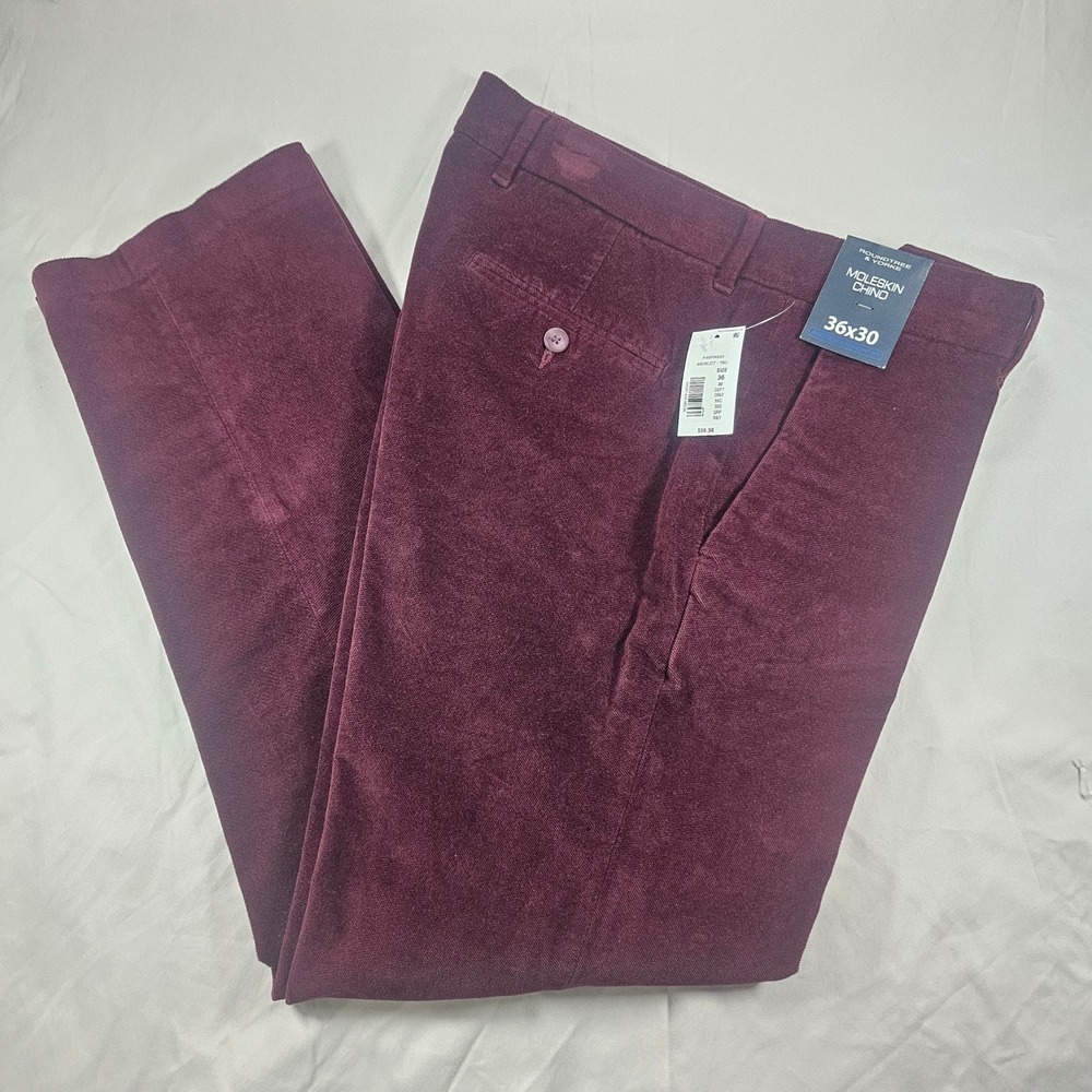 Roundtree & Yorke 36x30 Moleskin Chino Merlot Burgundy Straight Pants NWT 1602